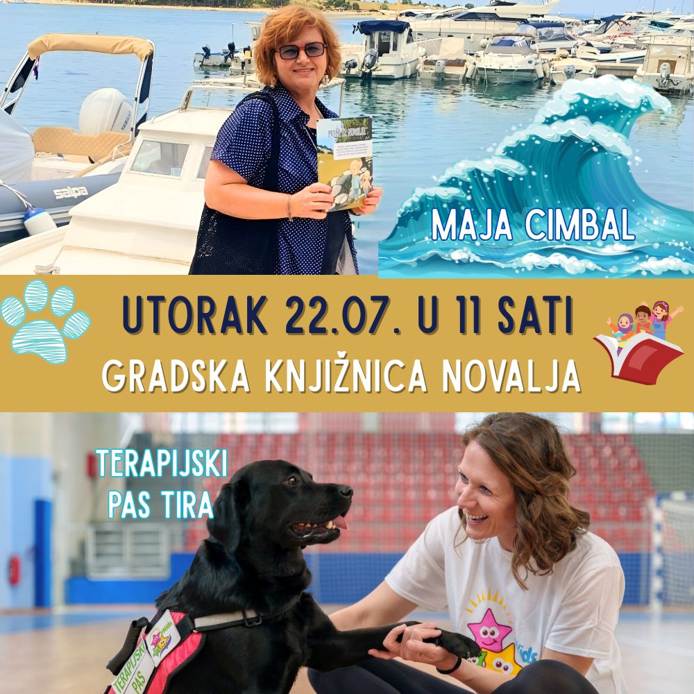 Novalja4Kids 2025 u Gradskoj knjižnici Novalja: Maja Cimbal priča djeci; Tira, terapijski pas, sudjeluje s voditeljicom Maide Arslanagić.