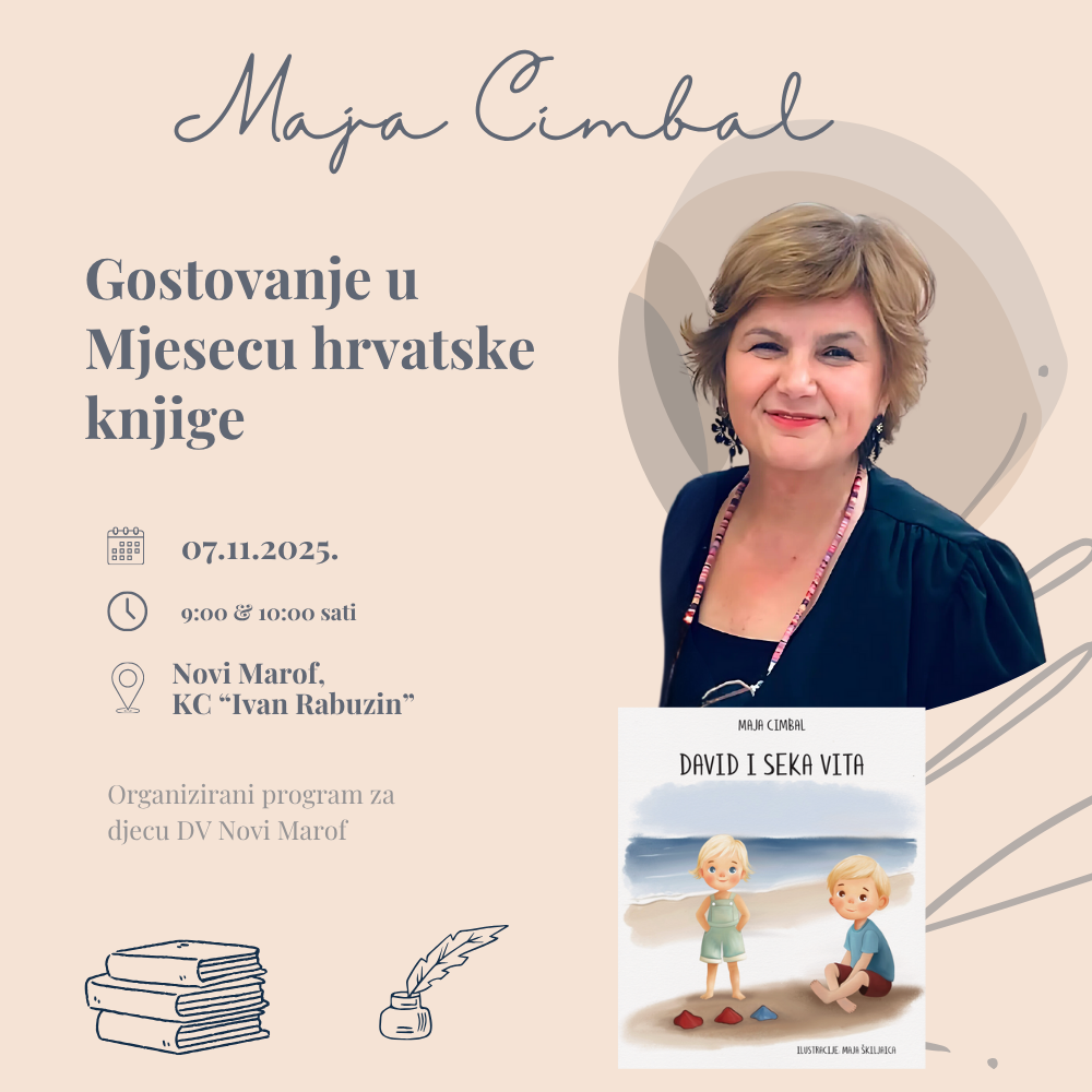 Gostovanje u Kulturnom centru Ivan Rabuzin 2025: Maja Cimbal predstavlja djeci slikovnicu „David i seka Vita“.